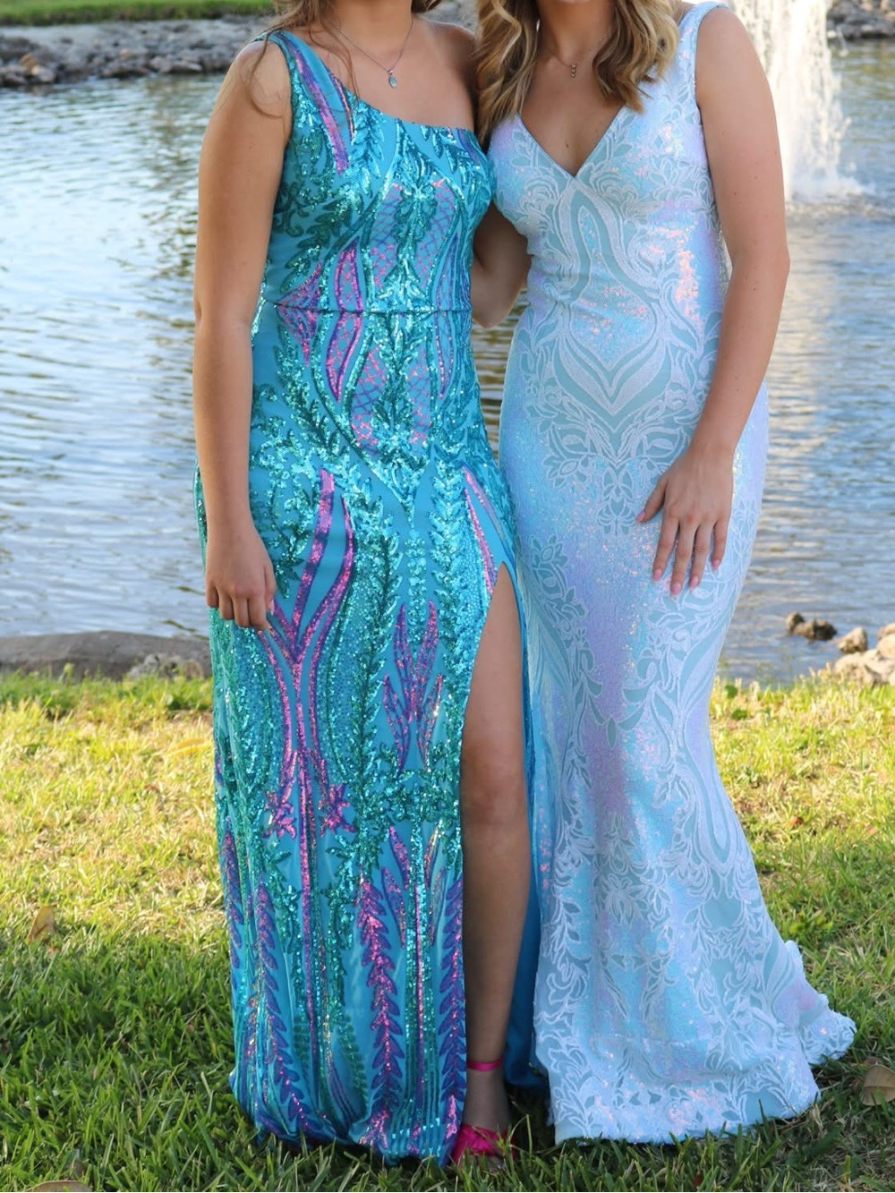 Blondie Nites Teal Sequin One-Shoulder Prom Dress with Pink Accents
